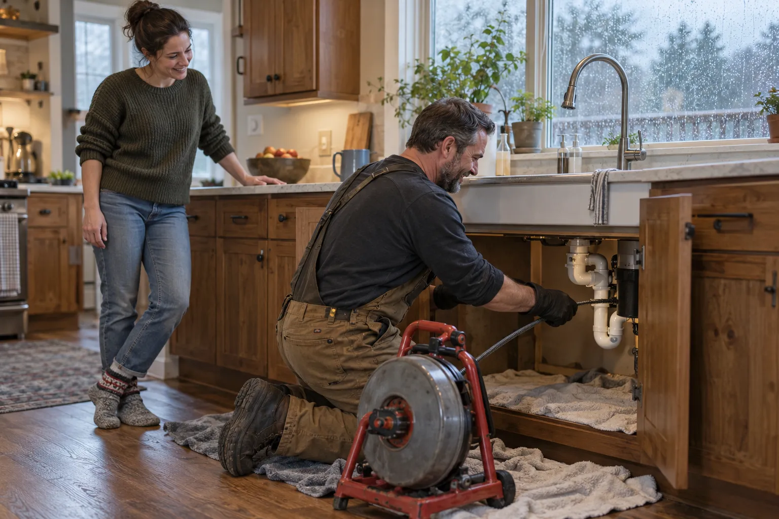 A friendly local plumber clearing a kitchen drain for a homeowner in a Everett home