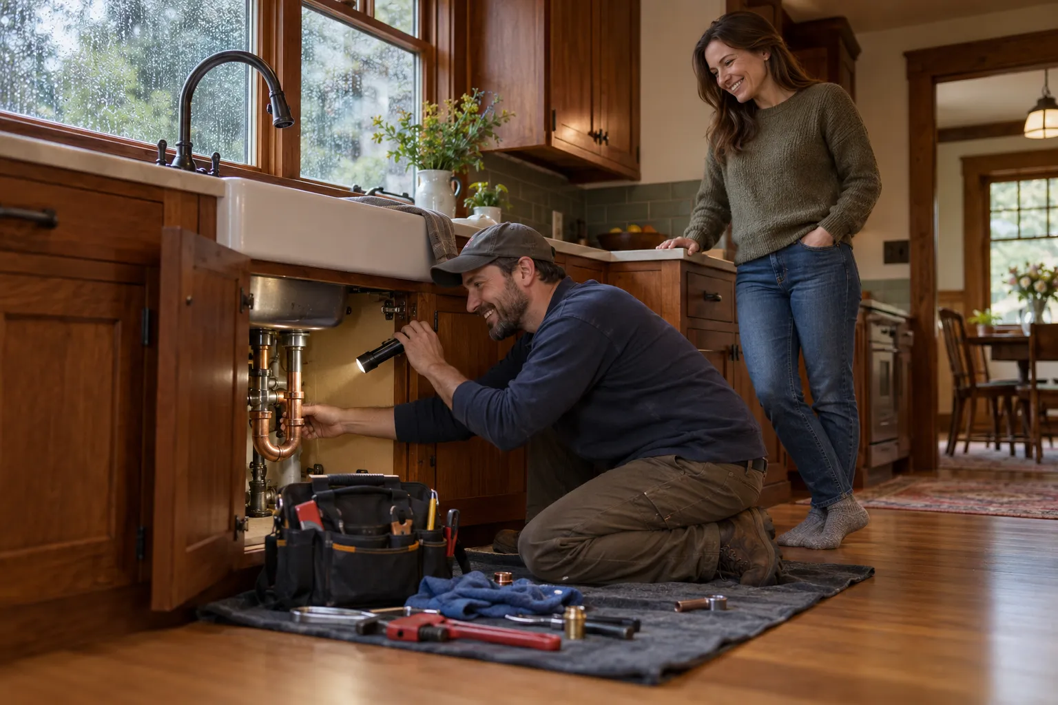 A friendly local plumbing provider checking a pipe under a kitchen sink in a Everett home