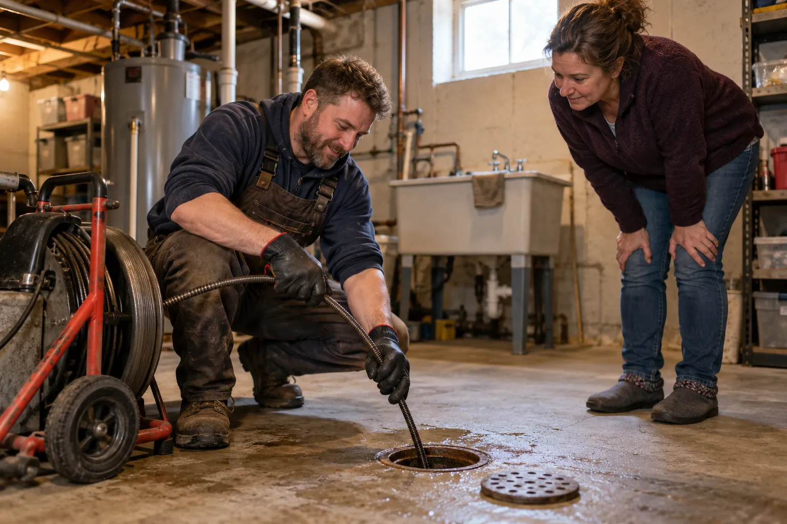 A provider inspecting a drain line in a home across the Everett area
