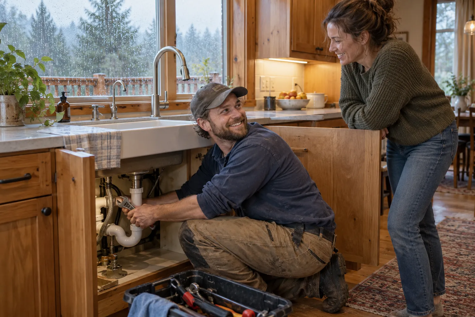 A friendly local plumber checking a kitchen sink pipe with a homeowner in Everett