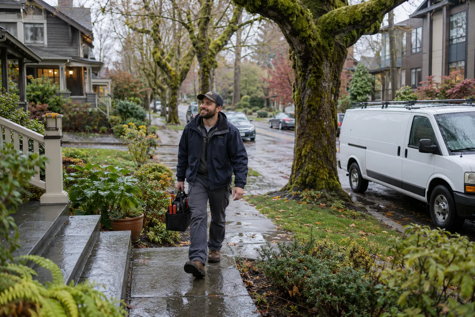 A craftsman-style house in Everett on a damp, rainy afternoon