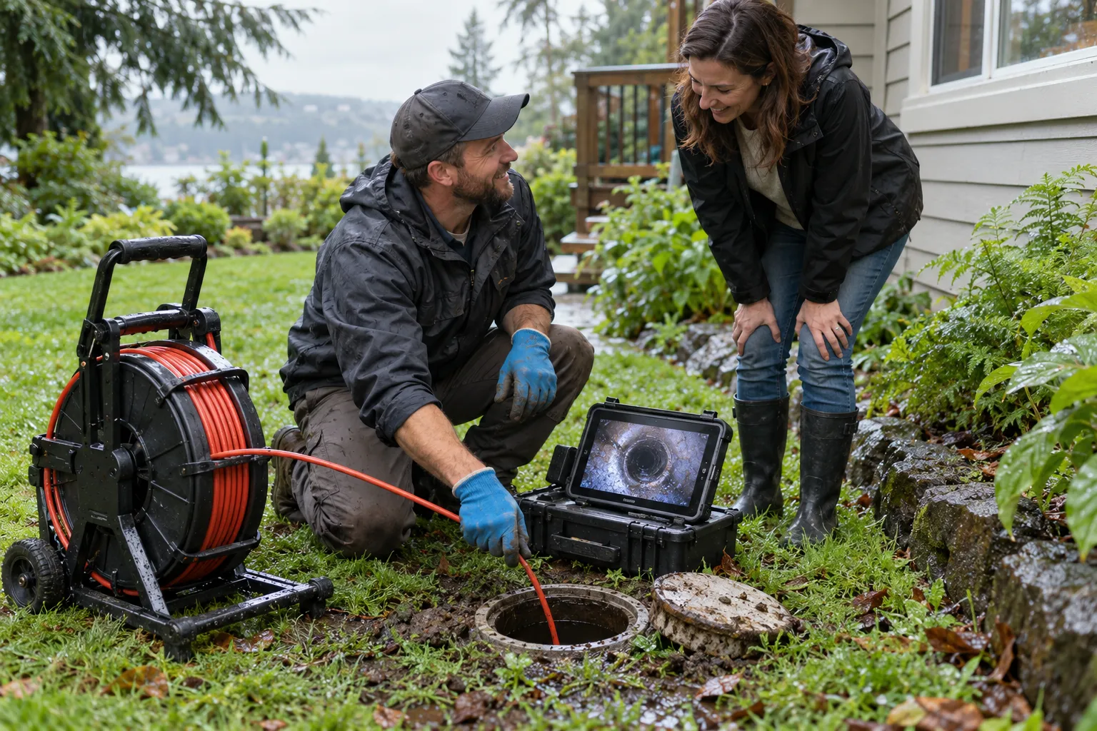 Friendly local plumbing provider showing a homeowner a sewer camera inspection on a tablet in a yard in Everett